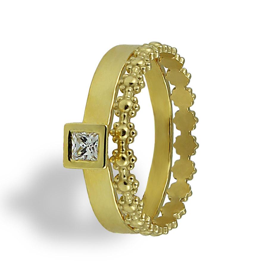 Mariage - Bridal Ring Set , Engagement Wedding Set , Wedding Band , Diamond Matching Set , Yellow Gold , Engagement Ring , Flowers Set , Princess Cut
