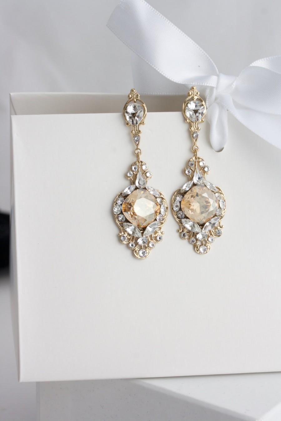 Wedding - Gold Crystal Bridal Earrings Golden Shadow Crystal Rhinestone Champagne Wedding Earrings ESTELLA