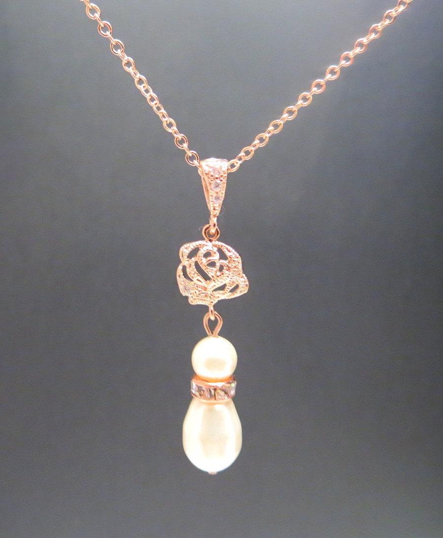 Mariage - Rose Gold Bridal necklace, Wedding necklace, Bridal jewelry, Pearl necklace, Bridesmaid necklace, Flowergirl jewelry, CZ necklace