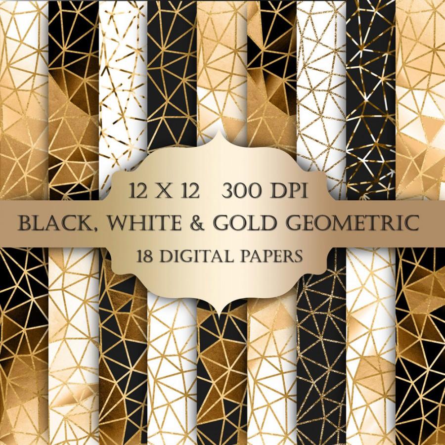Hochzeit - Gold Geometric Digital Paper - black white gold glitter triangles sparkle polygonal printable backgrounds for scrapbooking invitations cards