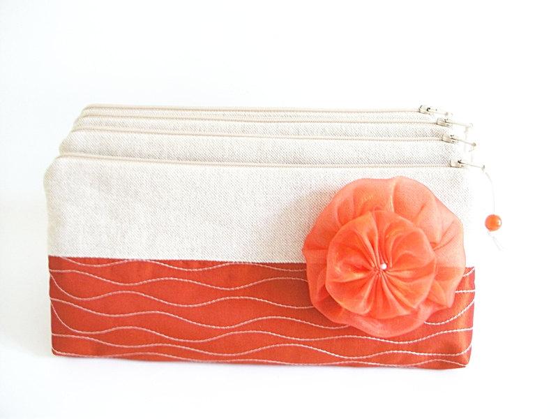 Wedding - Wedding Clutches Rustic Red, Bridesmaids Bags Set of 5, Bachelorette Cosmetic Purses with Flowers