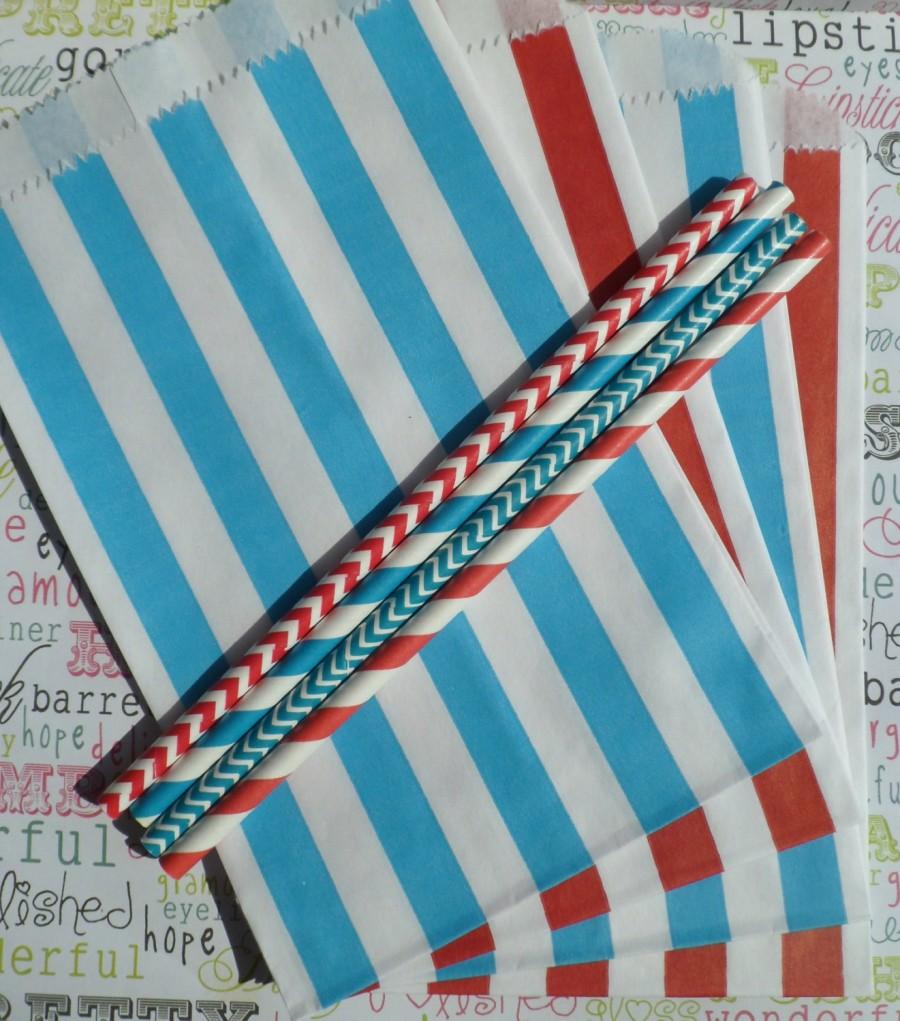 Wedding - Dr. Suess Red and Blue Stripe Candy Bags Medium for Candy Bars, Party Treats and Gifts - 50 count