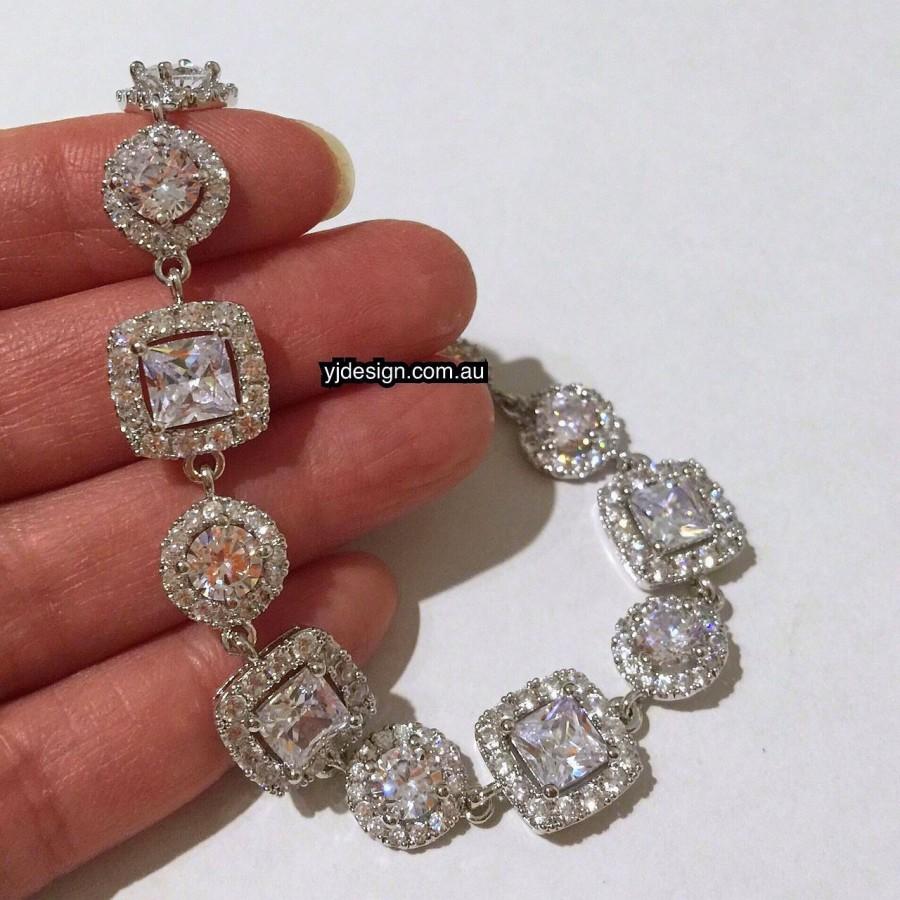 زفاف - Square Cz Bridal Bracelet, Princess Cut Cubic Zirconia, Round Brilliant Cut, Geometric Jewelry, DIAMANTES