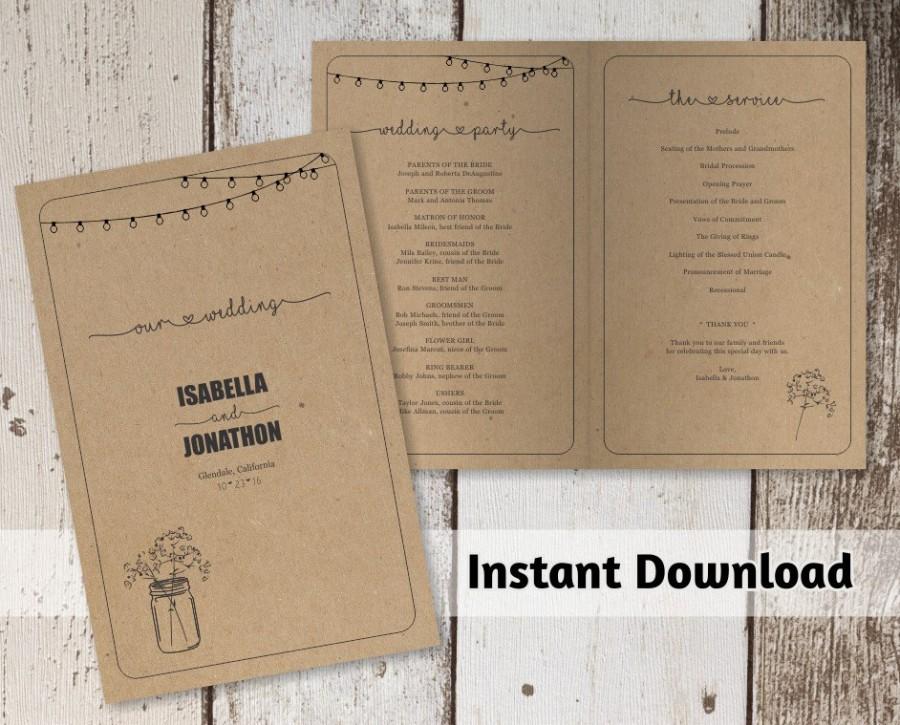 Hochzeit - Printable Wedding Program Template - Rustic Mason Jar on Kraft Paper 