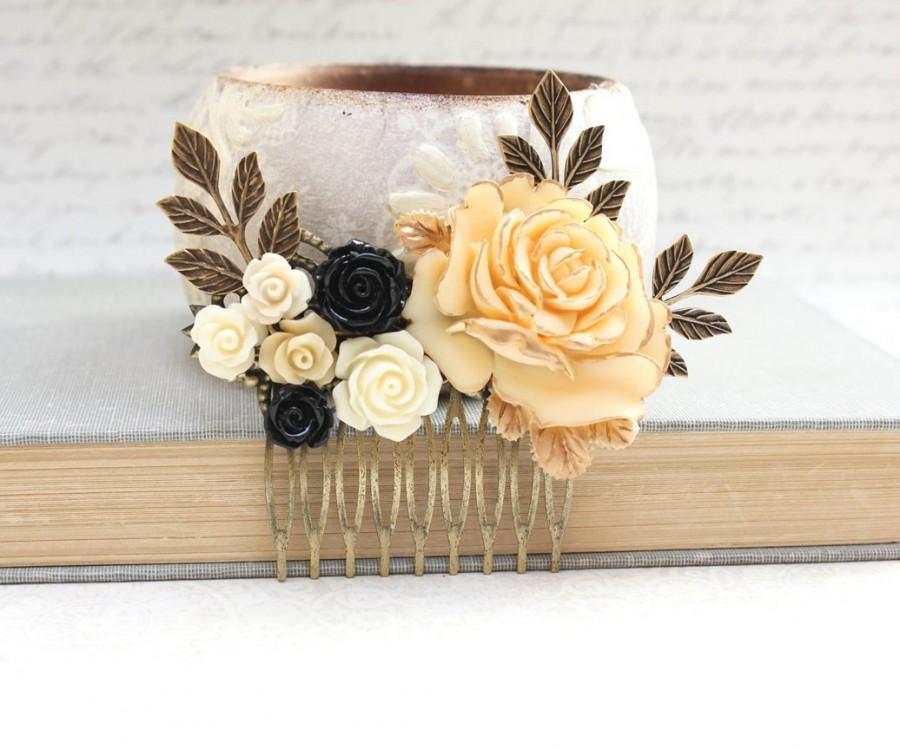 Wedding - Floral Bridal Hair Comb Black Wedding Accessories Floral Collage Comb Large Cream Ivory Rose Hair Accessories Antique Brass Leaves