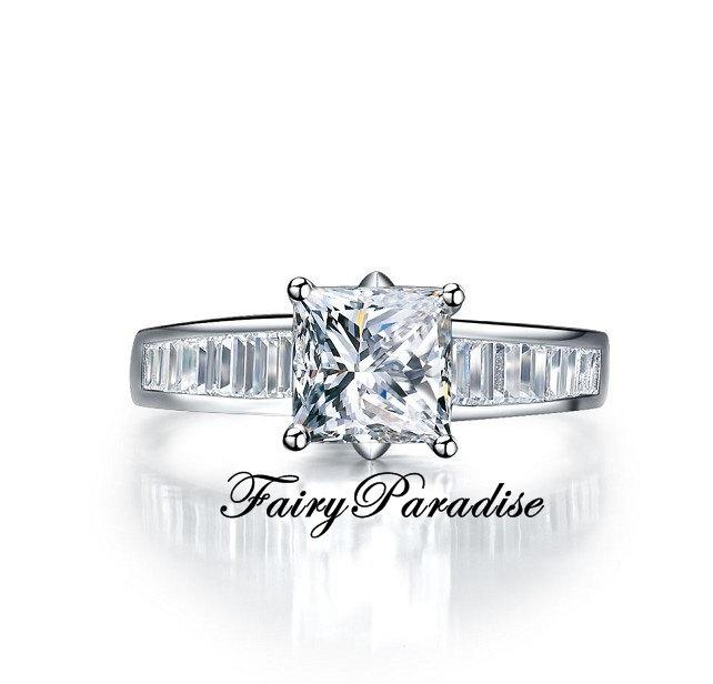 زفاف - 2 Ct Princess Cut Engagement Ring, Channel set with Emerald cut stones, Man made Diamonds, Promise Ring, Free ring box - made to order