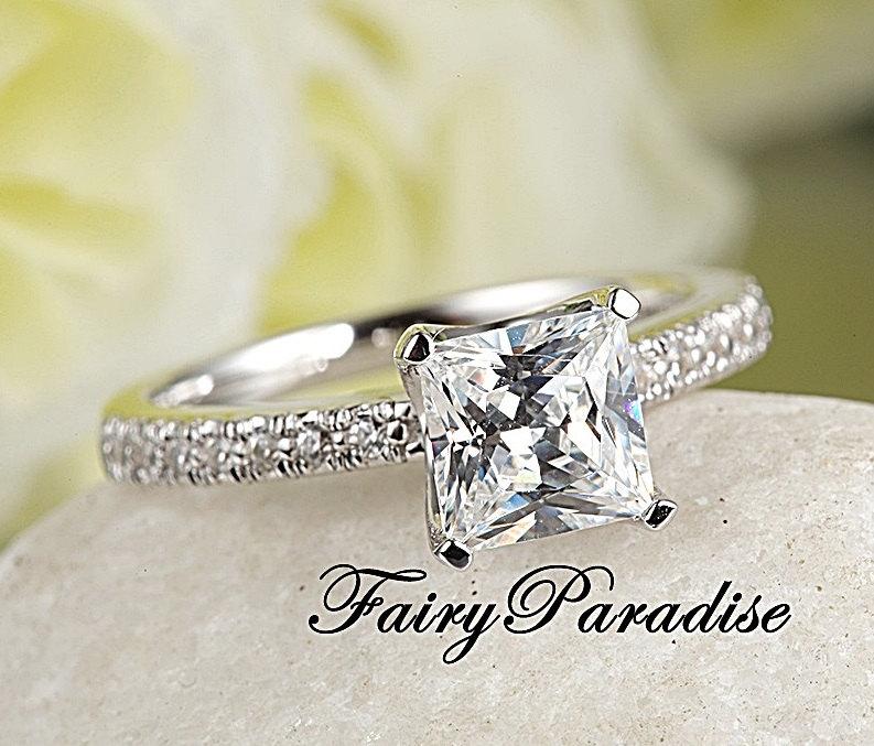 Mariage - 1 Ct Princess Cut (6 mm) Man Made Diamond Solitaire Engagement Ring / Promise Rings in Sterling Silver Pave Band  ( Fairy Paradise ) ZDR64