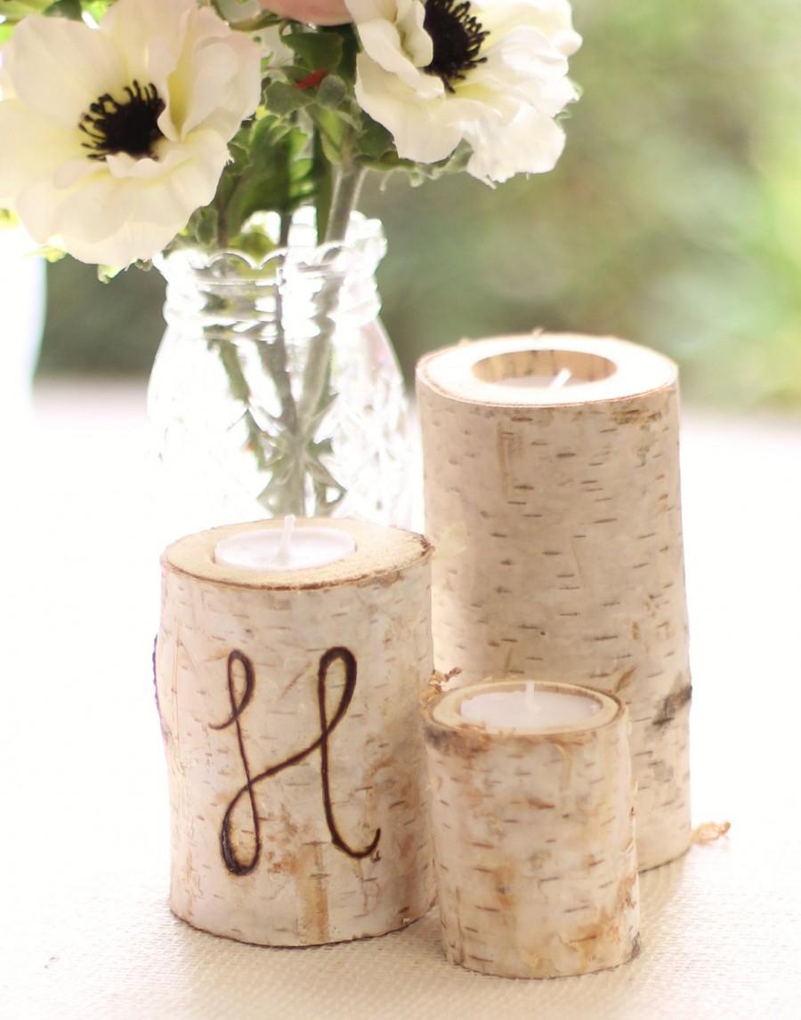 Mariage - Personalized Birch Bark Candle Holders Rustic Chic Wedding Decor