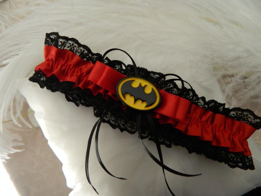 Hochzeit - Hen's night Garter -Wedding day garter alternative - Batman Themed Red and Black lace garter