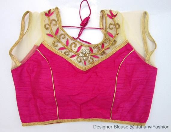 زفاف - Pink designer saree blouse with embroidery zari neck, prince cut - top part net - Saree Blouse - Sari Top - For Women, Designer Blouse,