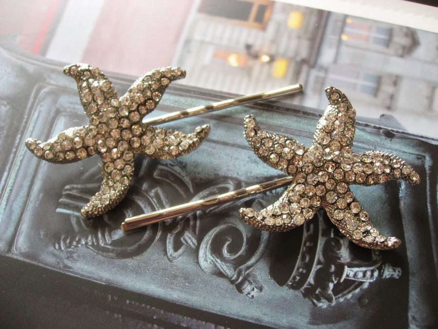 Hochzeit - 2 Pieces - Wedding bobby pins, bridal accessories, silver crystal hair clips, starfish hair clips