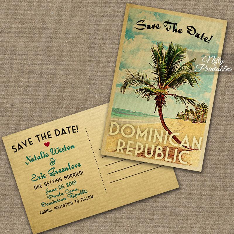 Свадьба - Beach Save The Date Postcard - Palm Tree Save The Date Cards - Printable Retro Wedding Save The Dates - Dominican Republic or Any Beach VTW