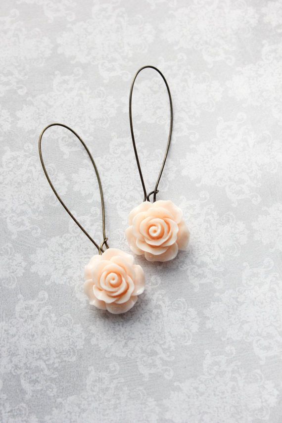 Hochzeit - Light Peach Rose Earrings Long Dangle Earrings Romantic Pastel Country Chic Bridesmaid Gift Flower Earrings Bridal Acessories Nickel Free