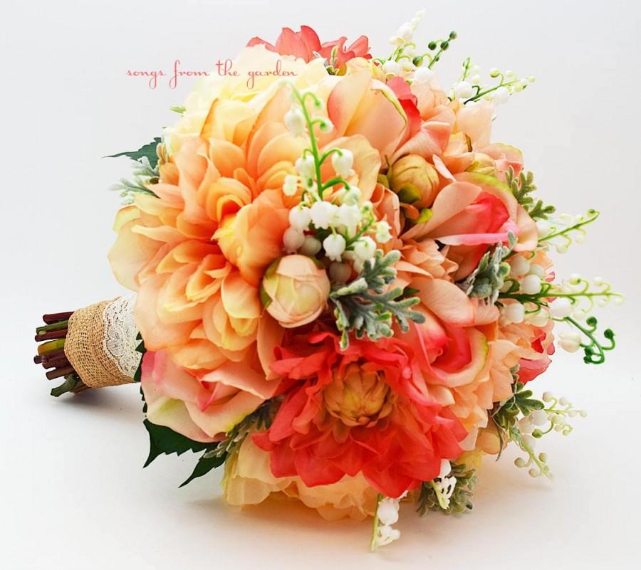 Свадьба - Coral Peach Grey Bridal Bouquet Lily of the Valley Dahlias Roses Hydrangea Peach Salmon Coral Grey White - Customize for Your Colors