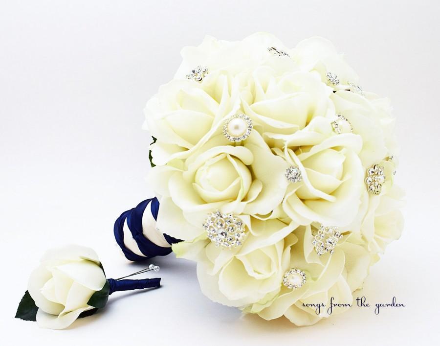 Hochzeit - Silk Flower Bridal Bouquet Real Touch Roses & Rhinestones White Silk Flower Real Touch Rose Groom's Boutonniere