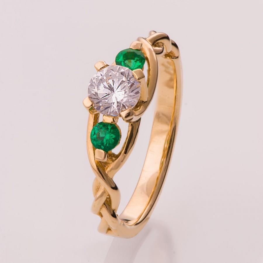 زفاف - Braided Engagement Ring - Diamonds and Emeralds engagement ring ,gold diamond ring, unique engagement ring, celtic ring, three stone ring, 7