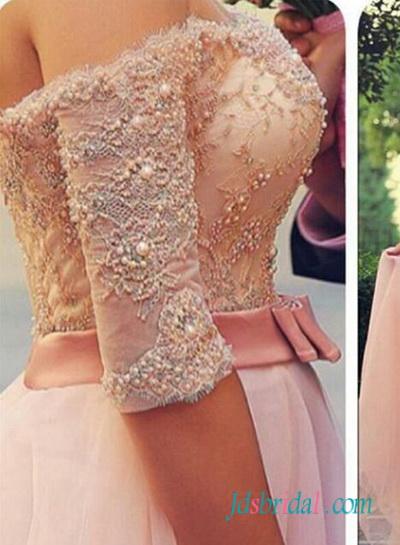 زفاف - Pink color long tulle prom dress with off shoulder