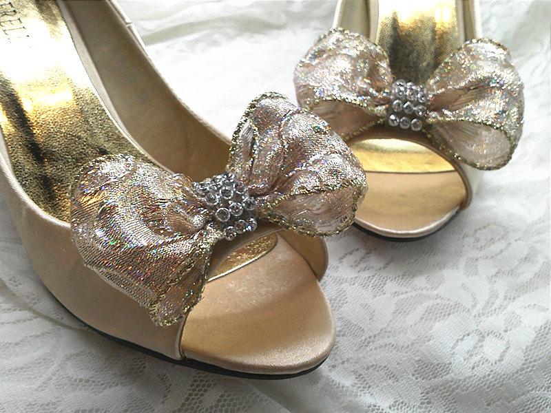 Hochzeit - set of 2,Gold bows shoe clips /chirstmas bows/bridal shoe clips/ hair bows
