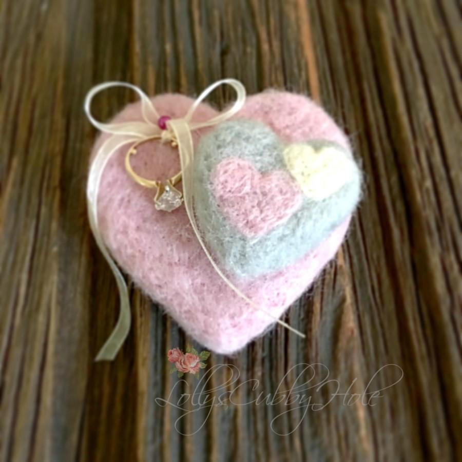Mariage - Wedding Ring Pillow Alternative Proposal Pillow Wool Felted Pillow Engagement Ring Heart Will You Marry Me Blush Pink Gray Cream