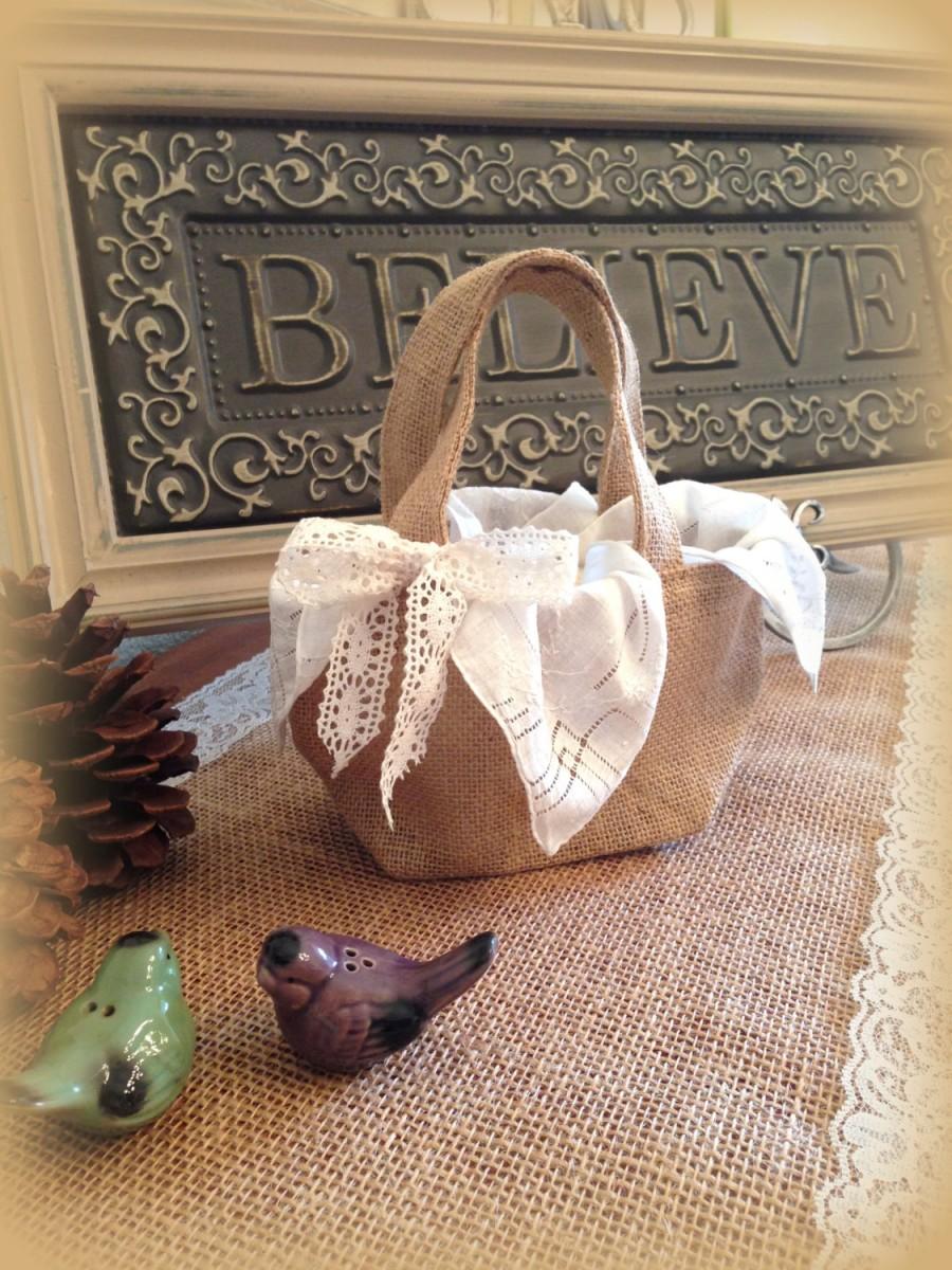 Hochzeit - Rustic Burlap Bag Flower Girl  Burlap Bag Rustic Country Wedding Basket Homespun Burlap Bag Vintage Hanky Liner