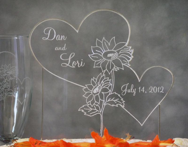 Wedding - Sunflower Hearts Wedding Cake Topper -  Acrylic -Personalized