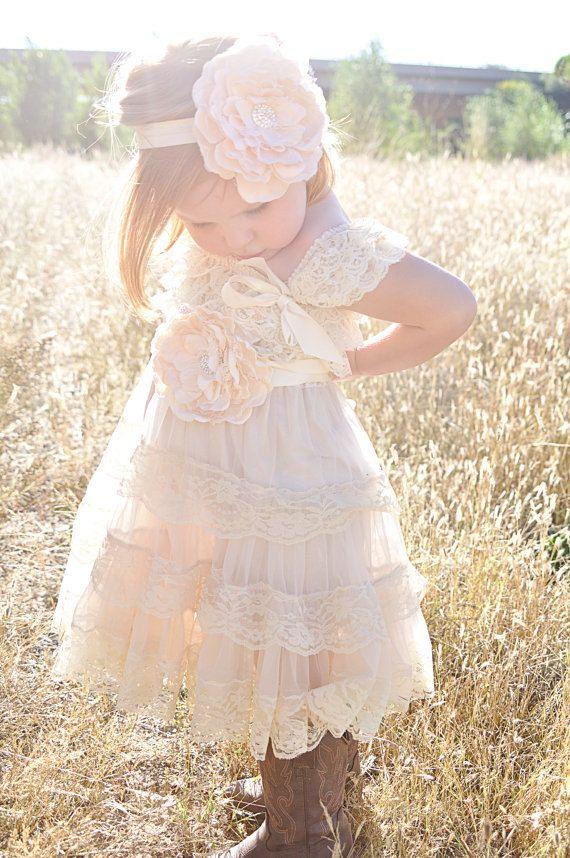 Hochzeit - Ivory Lace Flower Girl Dress -Ivory Lace Baby Doll Dress/Rustic Flower Girl/-Vintage Wedding-Shabby Chic Flower Girl Dress