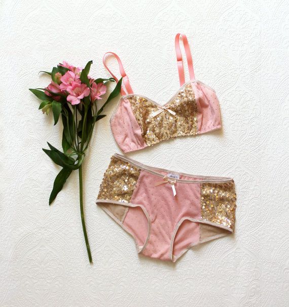 زفاف - Pink And Gold Sequin 'Dawn' Polka Dot Unique Modern Lingerie Set Handmade To Order By Ohh Lulu