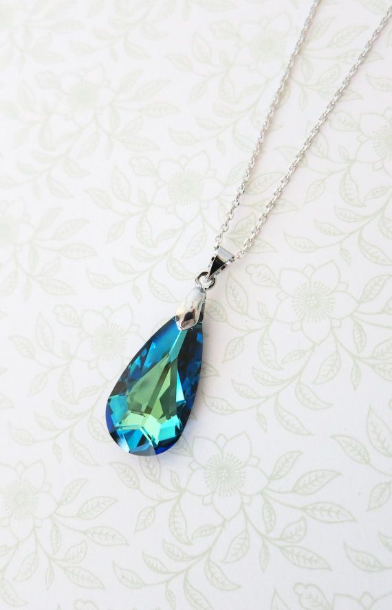 Hochzeit - Lillian - Swarovski Bermuda Blue Faceted Teardrop Crystal Necklace, Gifts For Her, Something Blue, Wedding, Sparkly Bridal Necklace
