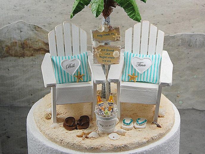 زفاف - Base Attached! Beach Sign & Beverage Wedding Cake Topper Custom Handmade To Order With Artisan Palm Tree, Adirondack Chairs And More