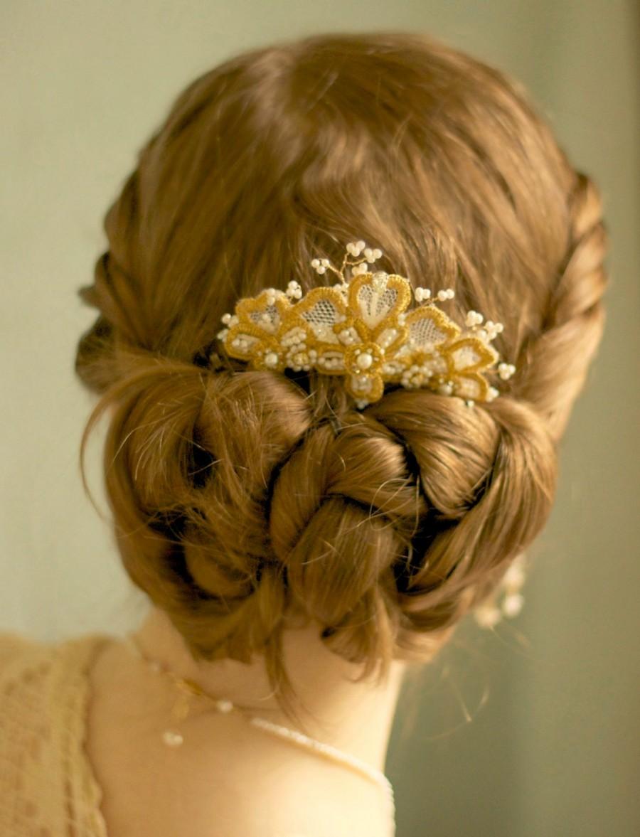 Hochzeit - As seen on Reign / Gold Lace Bridal Hair Comb / Pearl Crystal Wedding Hair Ornament / Art Nouveau Iris Flower /  "Iris