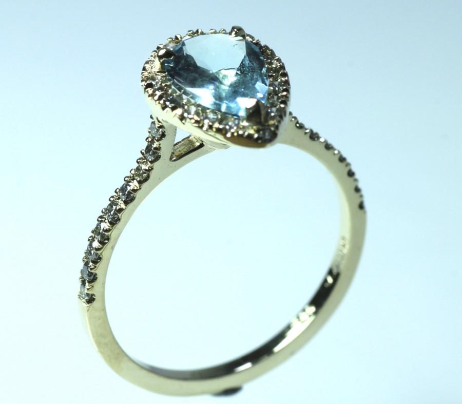 Wedding - Natural Aquamarine Engagement Ring Drop Aquamarine Wedding Ring Halo Diamond Ring 14k yellow Gold Hollywood regency Solitaire ring Promise