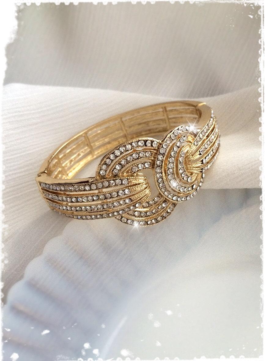 Wedding - 1920s Art Deco Great Gatsby Inspired Bridal Crystal Gold Bangle Cuff Bracelet-Vintage Wedding Crystal Rhinestone Bracelet-"KRISTINA gold"