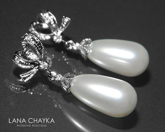 Mariage - White Pearl Bridal Earrings Swarovski Teardrop Pearl Earrings Silver CZ Pearl Earrings Bridal White Pearl Jewelry Wedding Pearl Jewelry