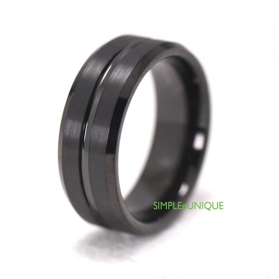 Mariage - 8MM Black Tungsten Wedding Band Comfort Fit Beveled Edges Centered Groove Engagement Ring for Men Gift for Him Boyfriend Husband Fiance