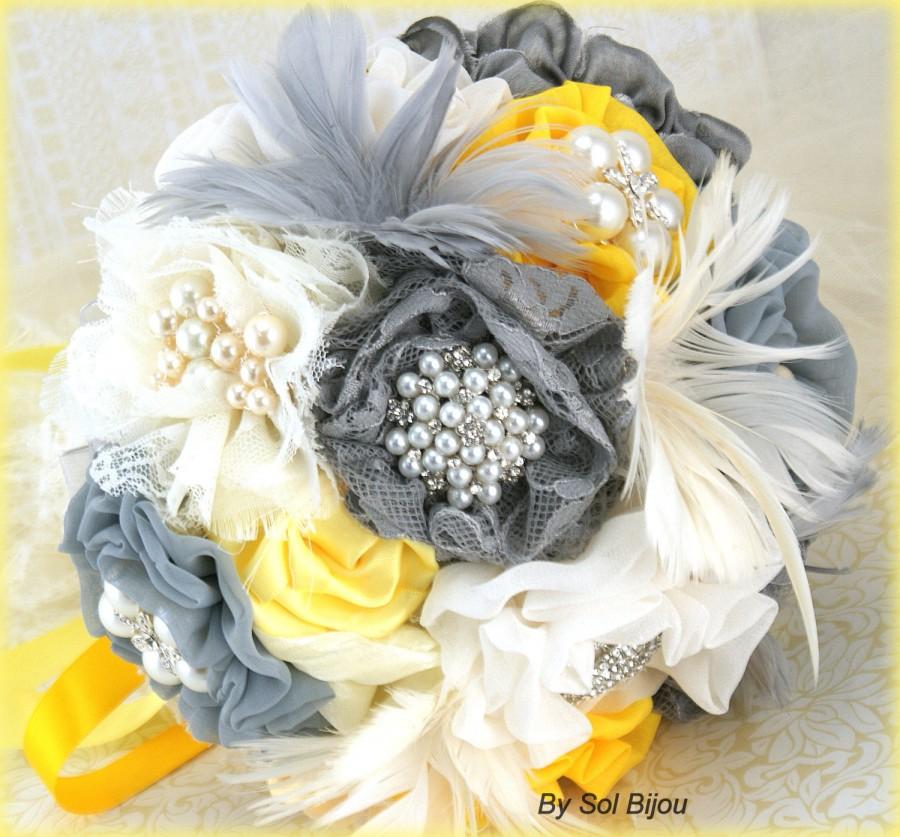 Hochzeit - Brooch Bouquet, Ivory, Yellow, Silver, Gray, Pewter, Grey, Vintage Wedding, Elegant, Bridal, Jeweled, Feathers, Lace, Crystals, Pearls