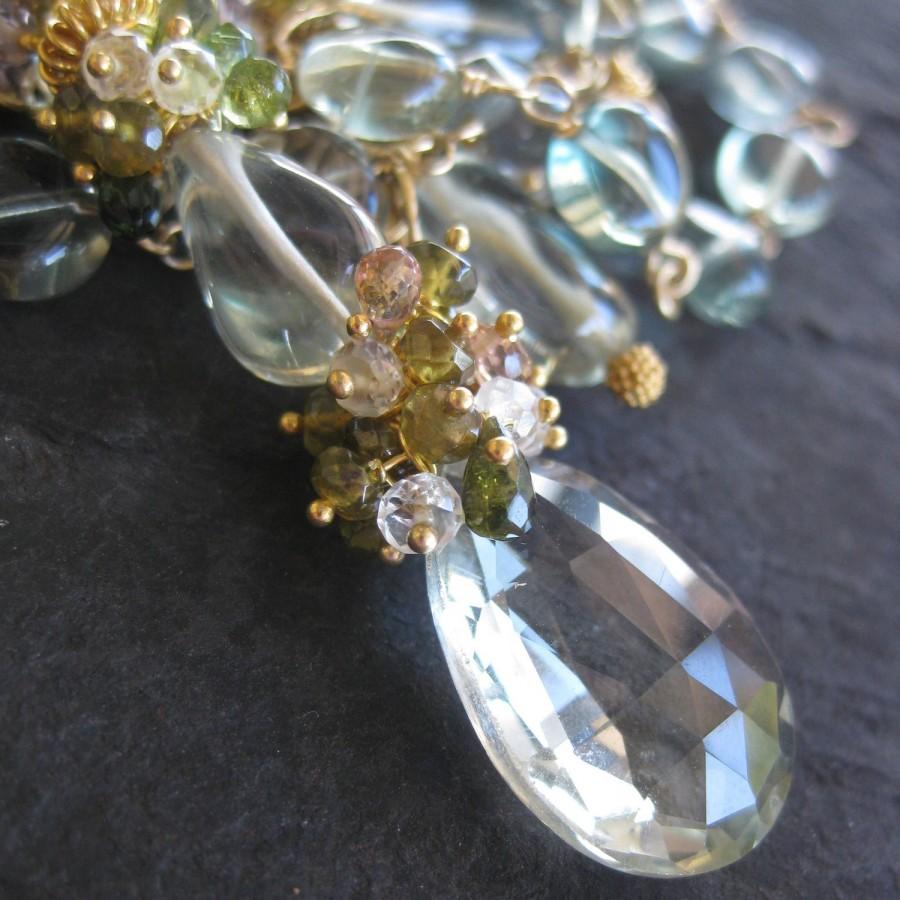 Hochzeit - Green amethyst statement necklace in 14k gold fill with tourmaline, white topaz - london blue, mint green - gemstone jewelry - mermaid bride