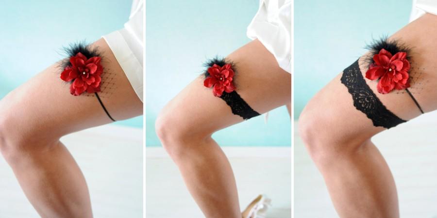 Свадьба - Bridal Garter  wedding garter Custom color or Red Delphinium flower with black marabou feathers, black netting on black skinny elastic