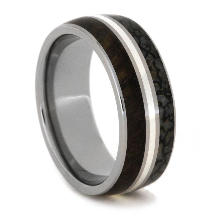 Свадьба - Tiger's Eye Ring Featuring Bands of Dinosaur Bone, Titanium and Sterling Silver on a Titanium Sleeve, Custom Wedding Ring