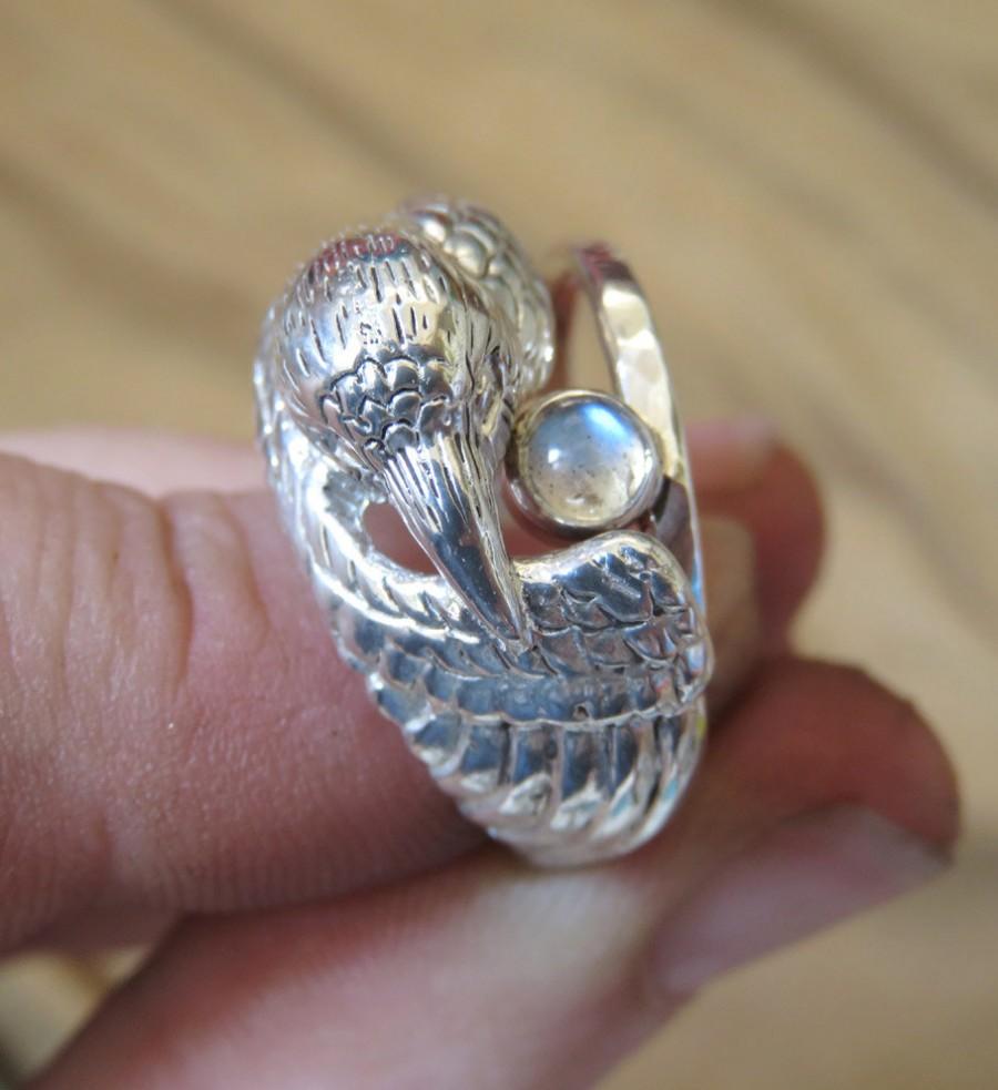 زفاف - White Raven Ring with Moonstone Companion - Sculpted Sterling Silver Double Ring