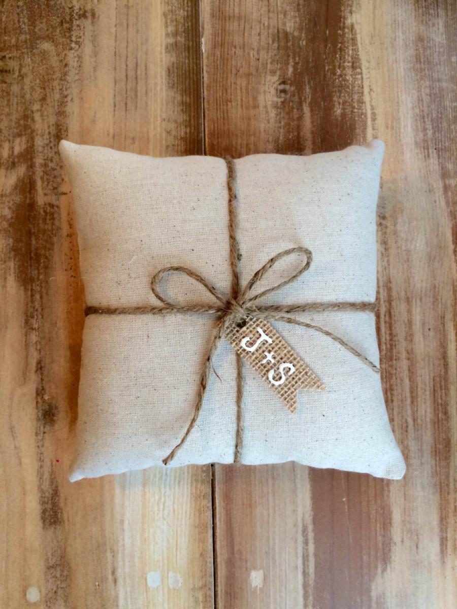 Hochzeit - Natural Cotton Ring Bearer Pillow With Jute Twine and Burlap Tag- Personalize With Initials- 3 Sizes -Wedding/Ceremony-Natural/Minimalist