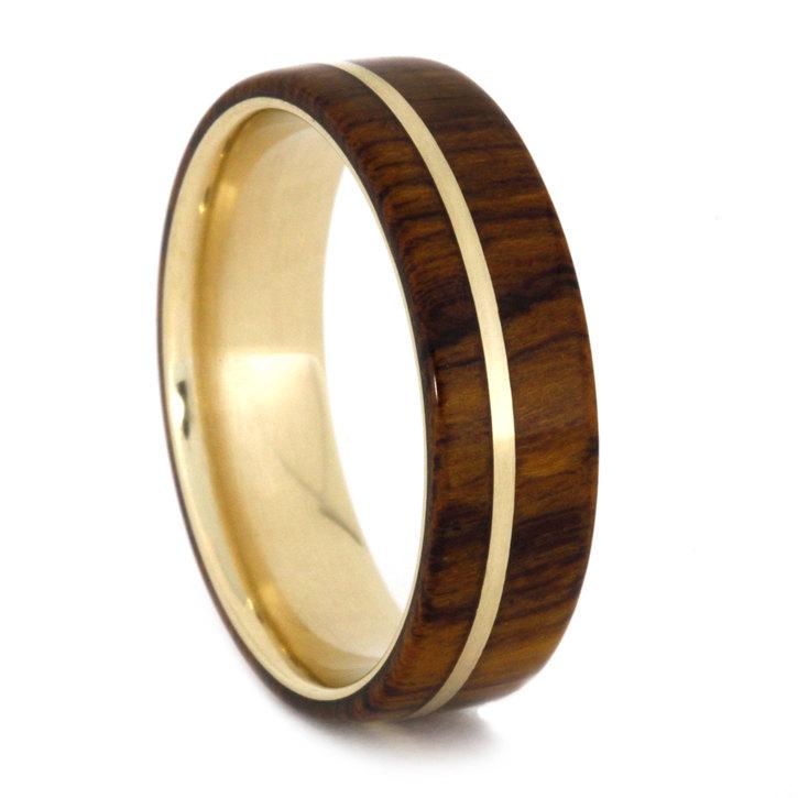 Wedding - 14k Gold Ring with Desert Ironwood and Yellow Gold Pinstripe, Waterproof Wood Wedding Band