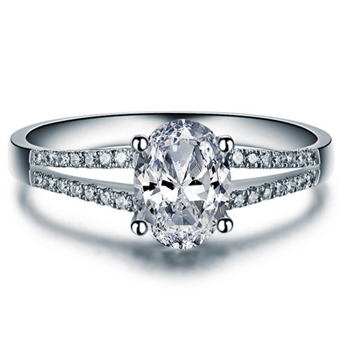 Hochzeit - Oval Shape Brilliant Moissanite Engagement Ring with Diamonds 14k White Gold or 14k Yellow Gold Diamond Ring