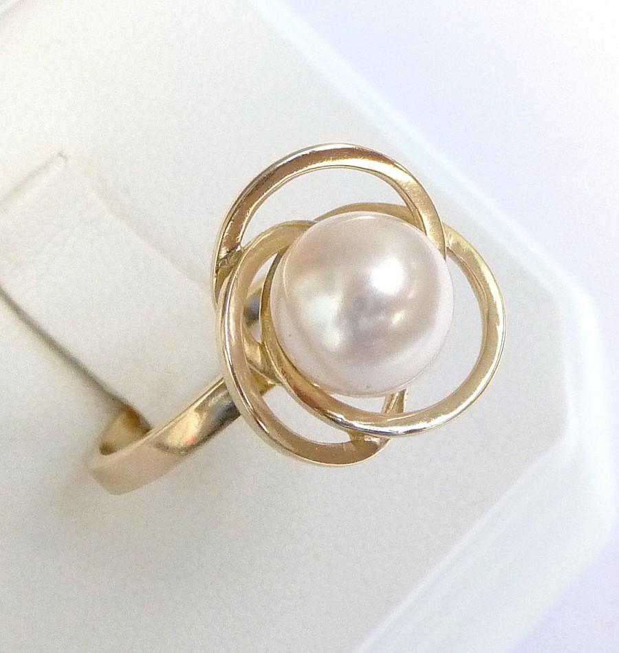 Wedding - Pearl Engagement Ring unique promise ring 14k solid gold Pearl ring round 8mm smooth pearl