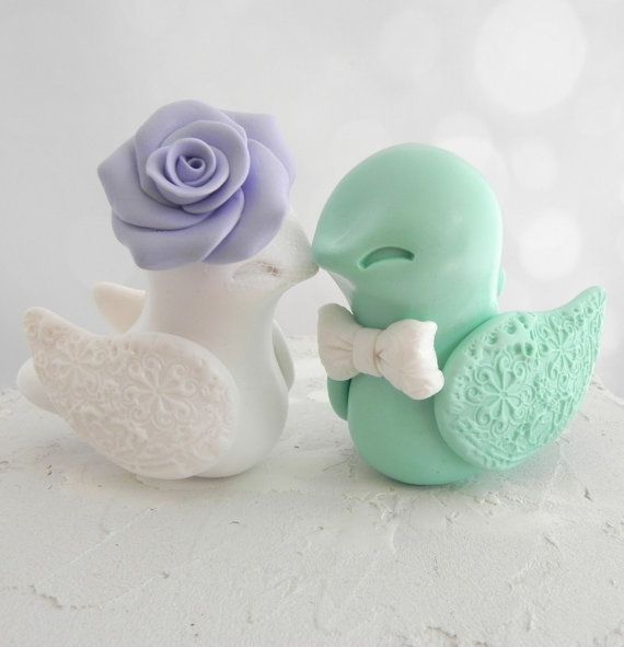 Mariage - Love Bird Wedding Cake Topper, Lilac, White And Mint Green, Bride And Groom Keepsake, Fully Custom
