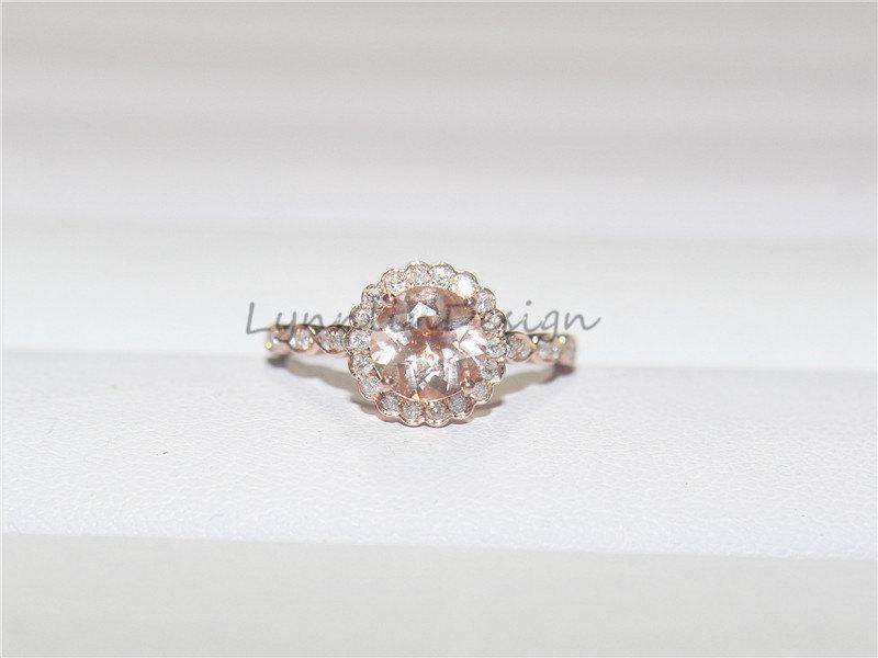زفاف - Floral Morganite Rose Gold Ring 7mm Morganite Ring Pink Round Morganite Engagement Ring Halo Diamond Morganite Diamond Ring Jewelry