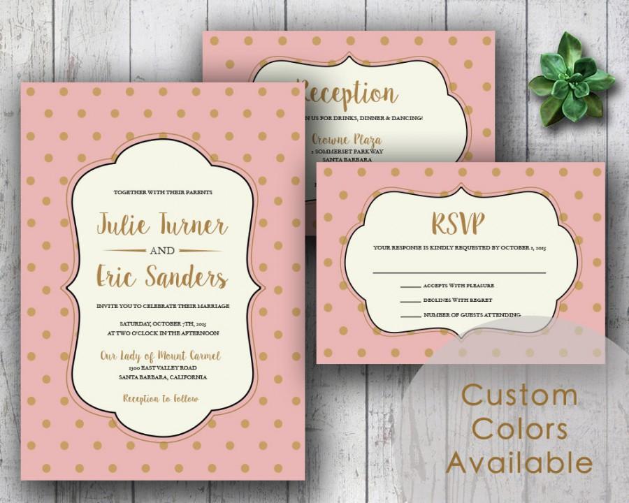 Wedding - Printable Wedding Invitation PDF Set or Pick & Choose - Pink and Gold Polka Dot Rustic Wedding (or Your Choice in Colors!)