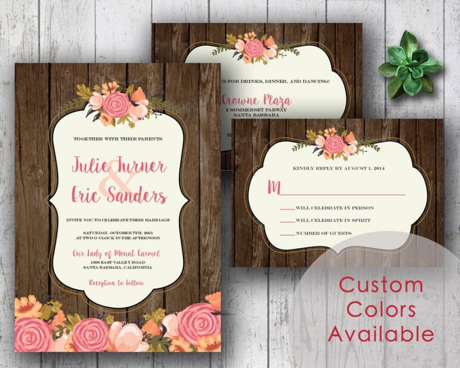 زفاف - Printable Wedding Invitation PDF Set or Pick & Choose - Rustic Spring Floral Bouquet Mix on Wood Panels (Your Choice in Colors!)