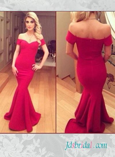 Mariage - red color off shoulder mermaid prom evening dress