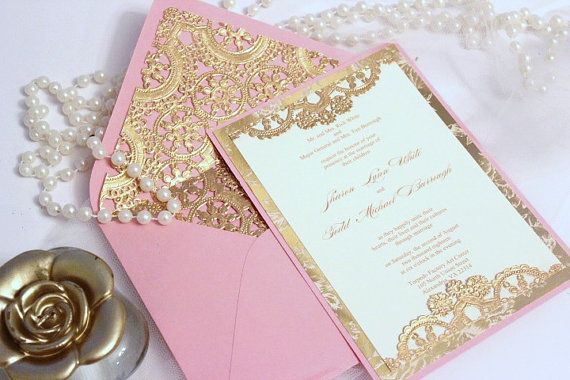 Hochzeit - Price Reduced- Wedding Invitations Vintage Gold And Pink