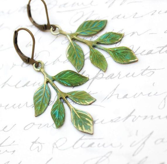 Hochzeit - Patina Branch Earrings Woodland Jewellery Nature Inspired Green Verdigris Patina Brass Rustic Leaf Dangle Earrings Christmas Winter Wedding